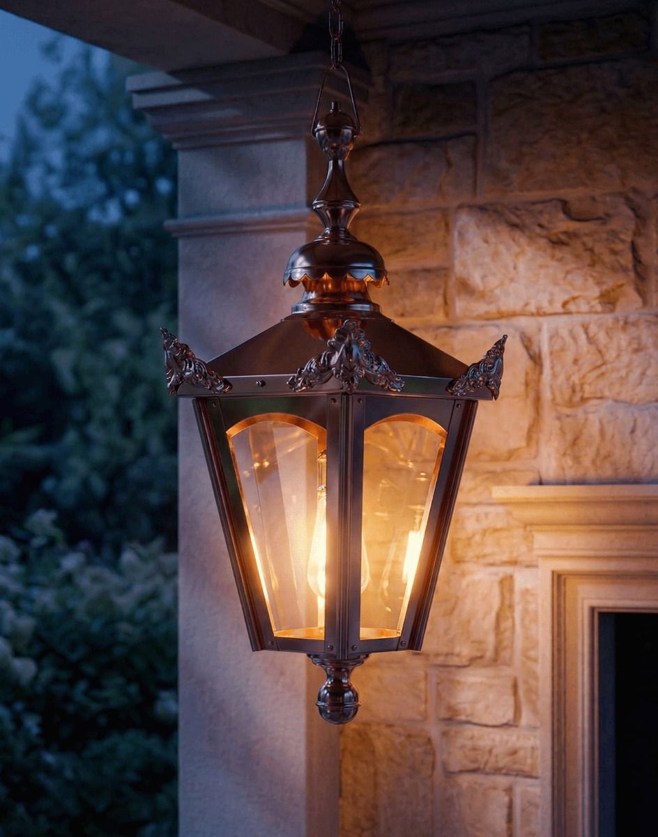Digital Illustration of the Copper Concordia Hexagonal Garden Hanging Lantern Lit up at Night