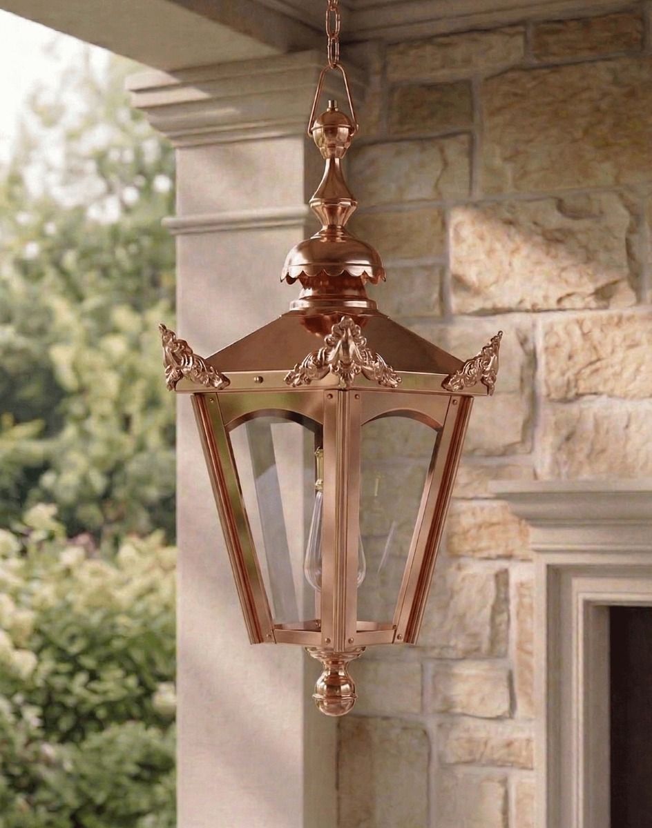Digital Illustration of the Copper Concordia Hexagonal Garden Hanging Lantern Suspended Above a Stone Porch