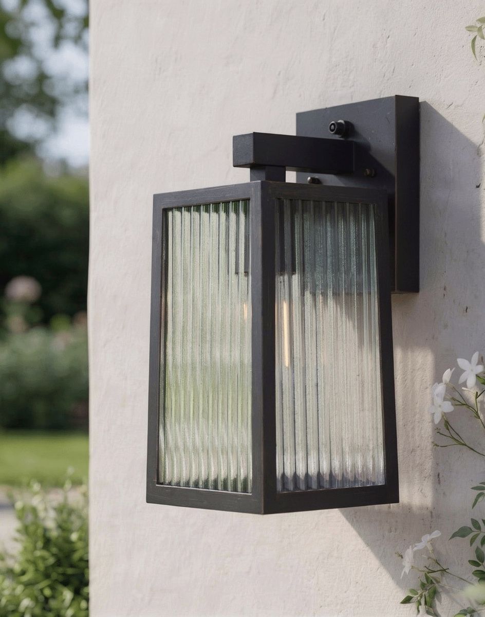 Digital Illustration of the Copper Version of the Davenport Ribbed Glass Wall Light Mounted on a White Building External Wall