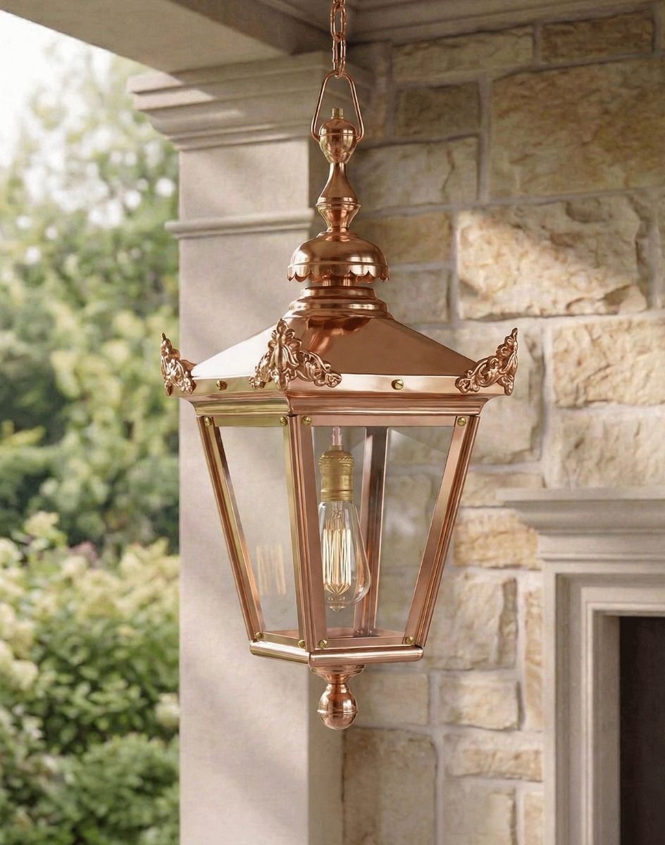 Digital Illustration of the Copper Victorian Lantern Hanging On a Chain Suspended Above an Ornate Entranceway 