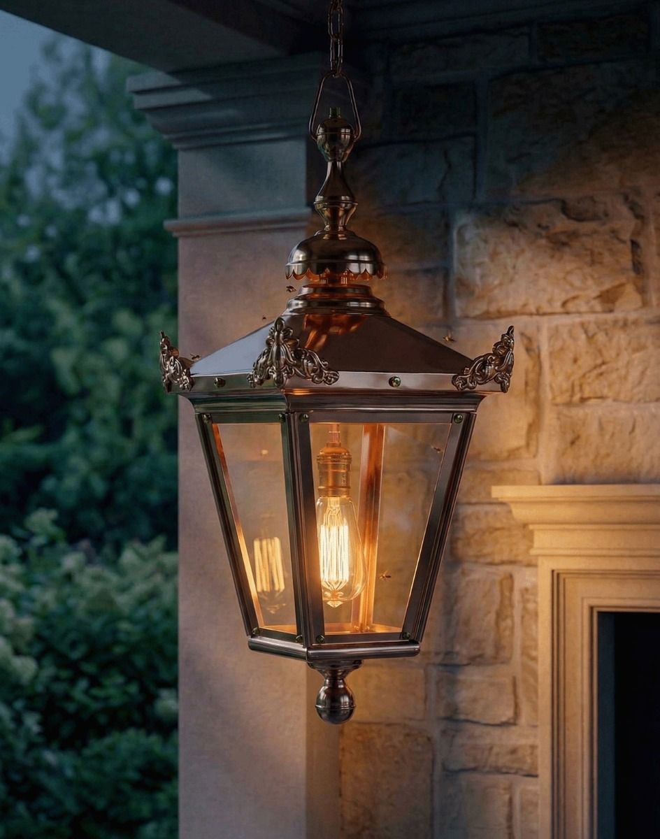 Digital Illustration of the Copper Victorian Lantern Hanging On Chain Lit up at Night