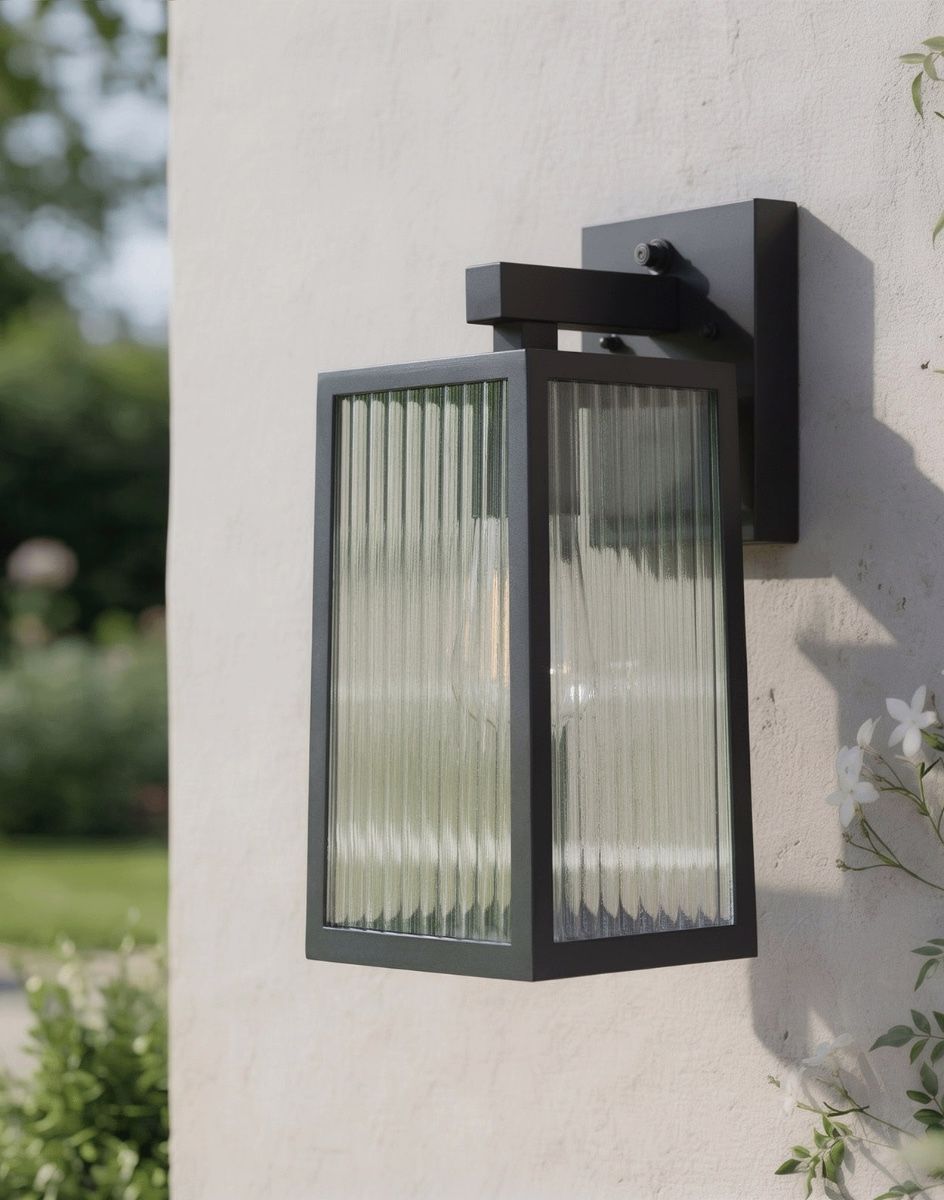 Digital Illustration of the Davenport Ribbed Glass Wall Light Mounted on a White Building Wall