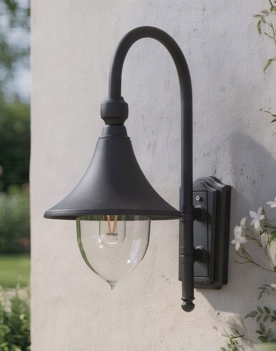Digital Illustration of the Deluxe Barn Hanging Wall Light Mounted to an Exterior Garden Wall with Flowers in Foreground