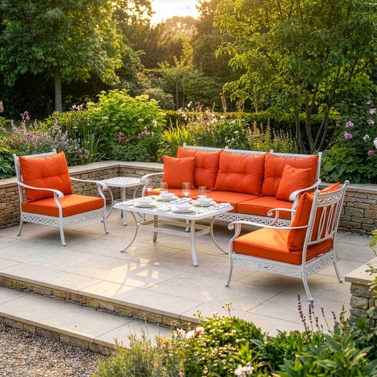 Digital Illustration of the Deluxe White "Elmswood" Outdoor Five Seater Sofa, Table & Chair Set Dressed For Dining digital illustration dressed table