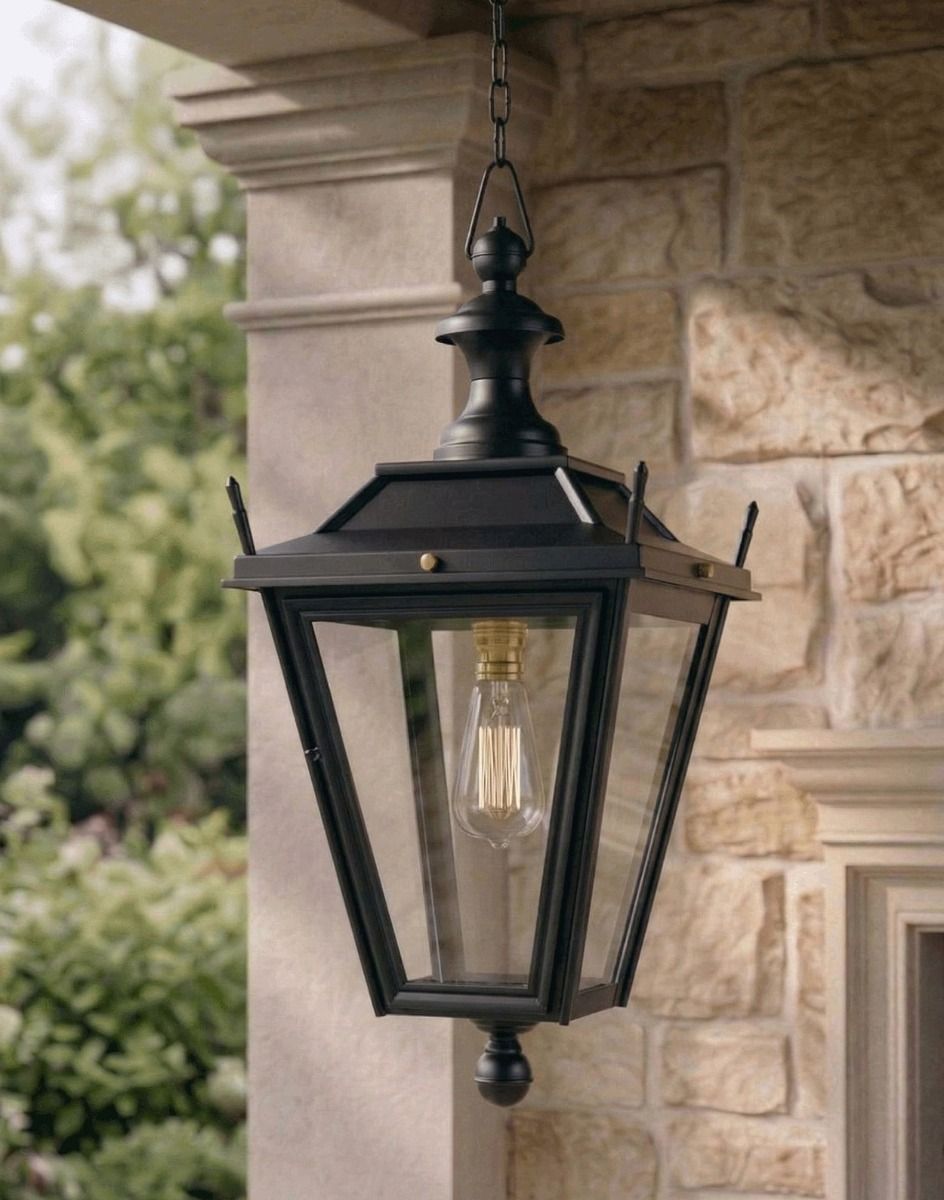 Digital Illustration of the Digital Illustration of the Black Dorchester Hanging Lantern On a Chain Suspended Above a Decorative Stone Porch