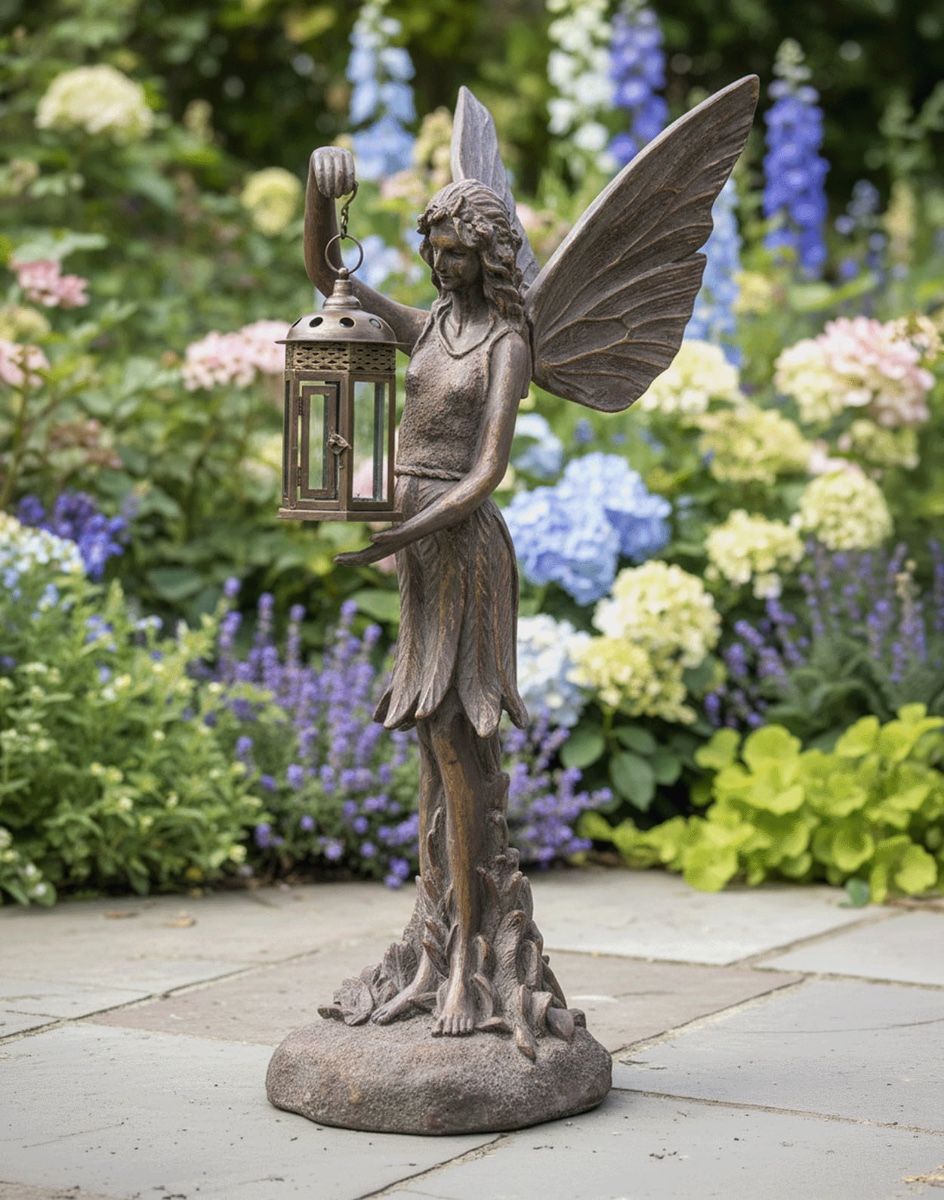 Digital Illustration of the Fairy Garden Sculpture Holding Lantern on a Garden Patio in Front of Hydrangea Plants 