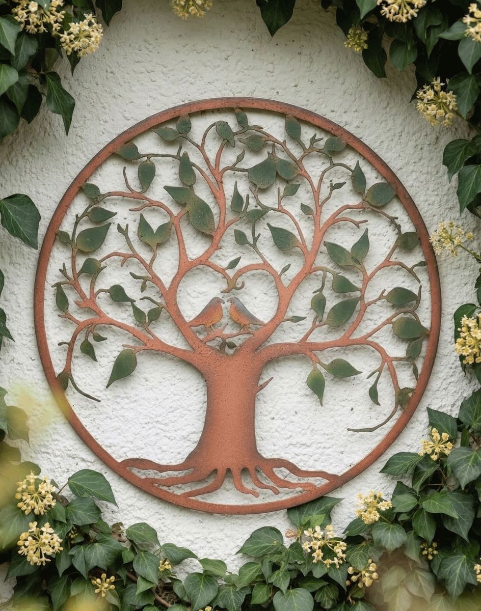 Digital Illustration of the Green & Rustic "Love Birds" Wall Art Positioned on a White Building Wall Surrounded by Wall Plants