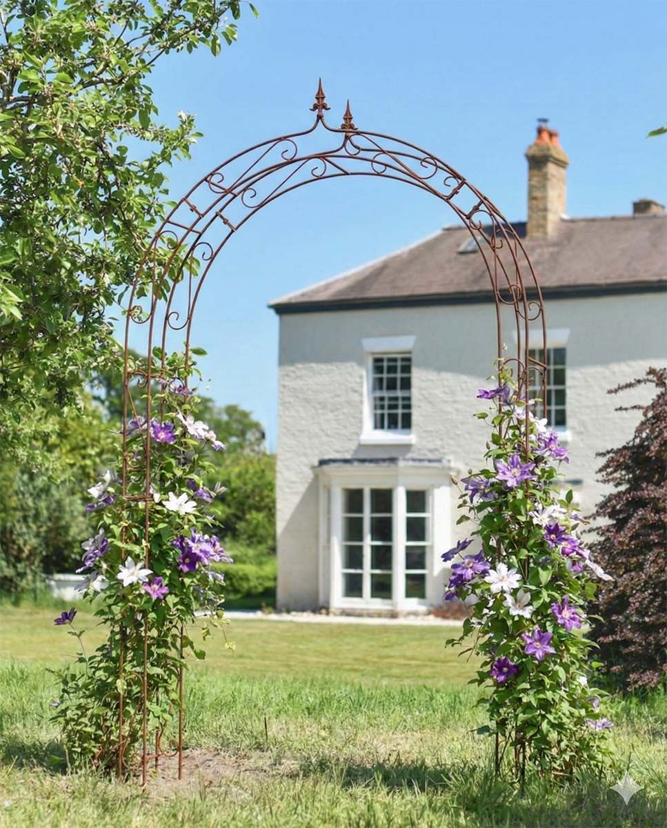 Digital Illustration of the Rustic "Hadleigh" Ornate Rose Arch with Flowers