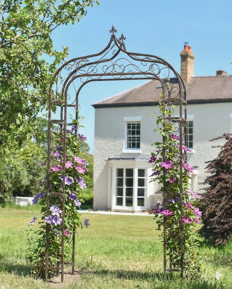 Digital Illustration of the "Harlow" Ornate Rose Arch with Flowers.