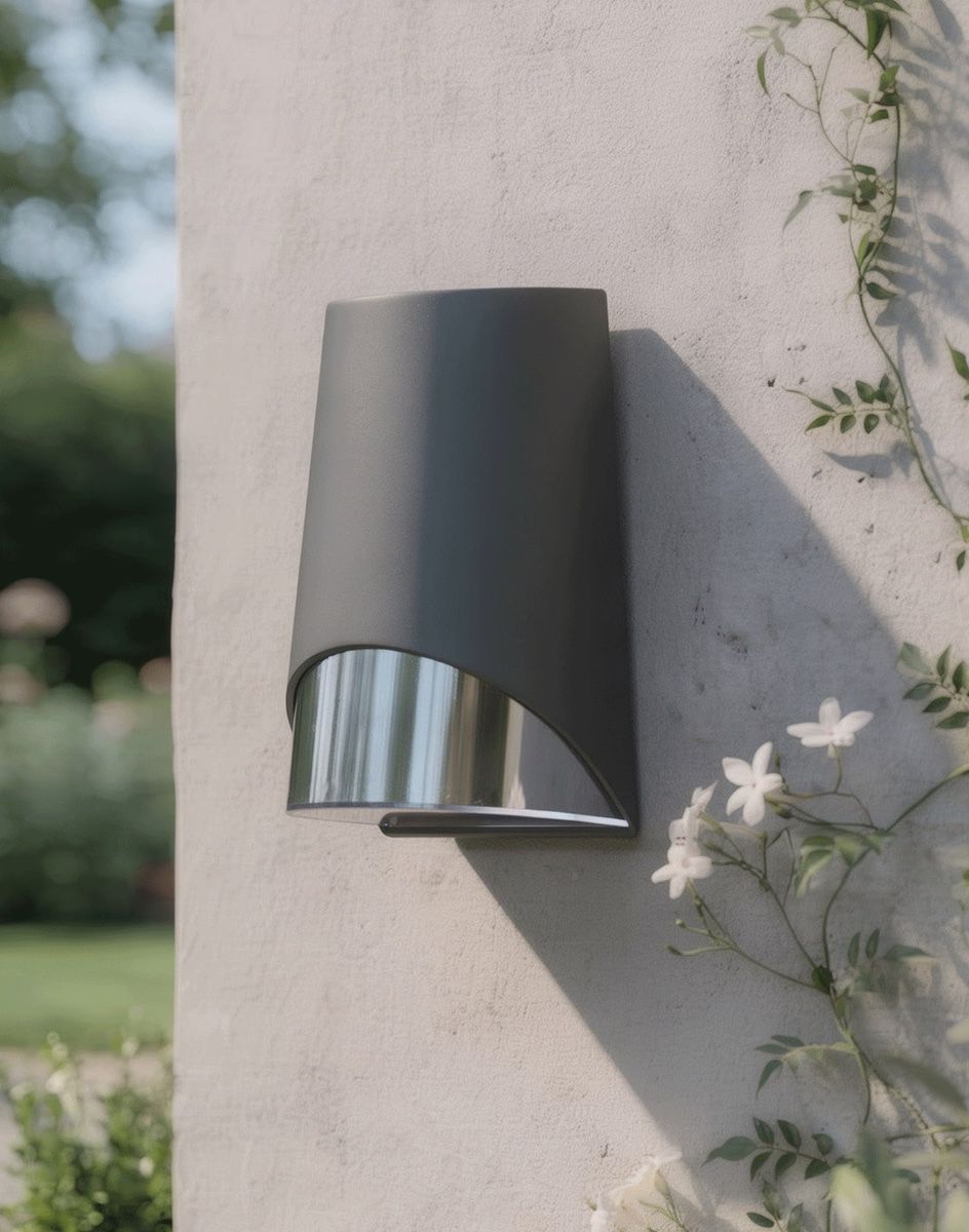 Digital Illustration of the "Hedsor" Contemporary Downlighter Wall Light Mounted on a Cream Coloured Garden Wall