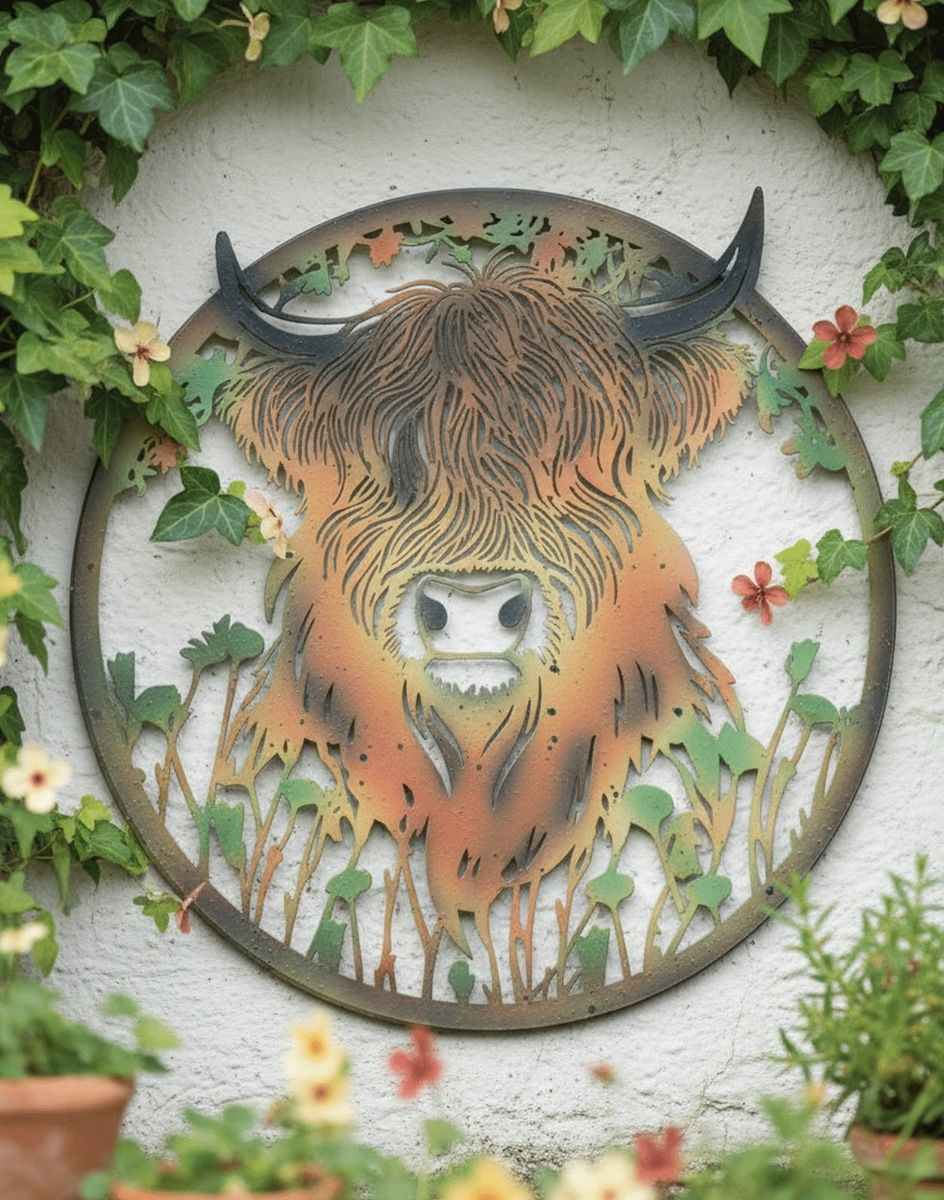 Digital Illustration of the Highland Cow in Long Grass Silhouette Garden Wall Art Mounted on a White Exterior Wall