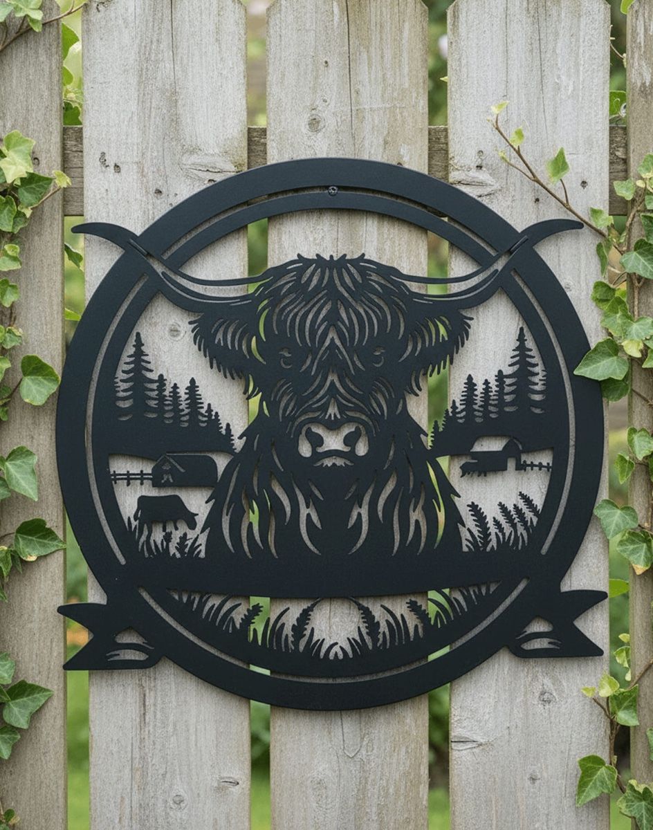 Digital Illustration of the Highland Cow Profile Garden Wall Art Mounted on a Garden Fence