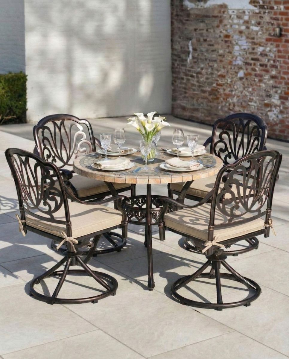 Digital Illustration of the Intricate Bronze "Tredian" Four Seat Mosaic Table and Chair Set Dressed For Dining with cushions