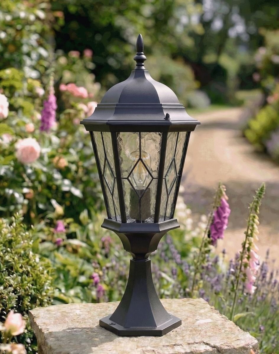 Digital Illustration of the Intricate Frosted Glass Pillar Light Mounted on a Stone Garden Pillar
