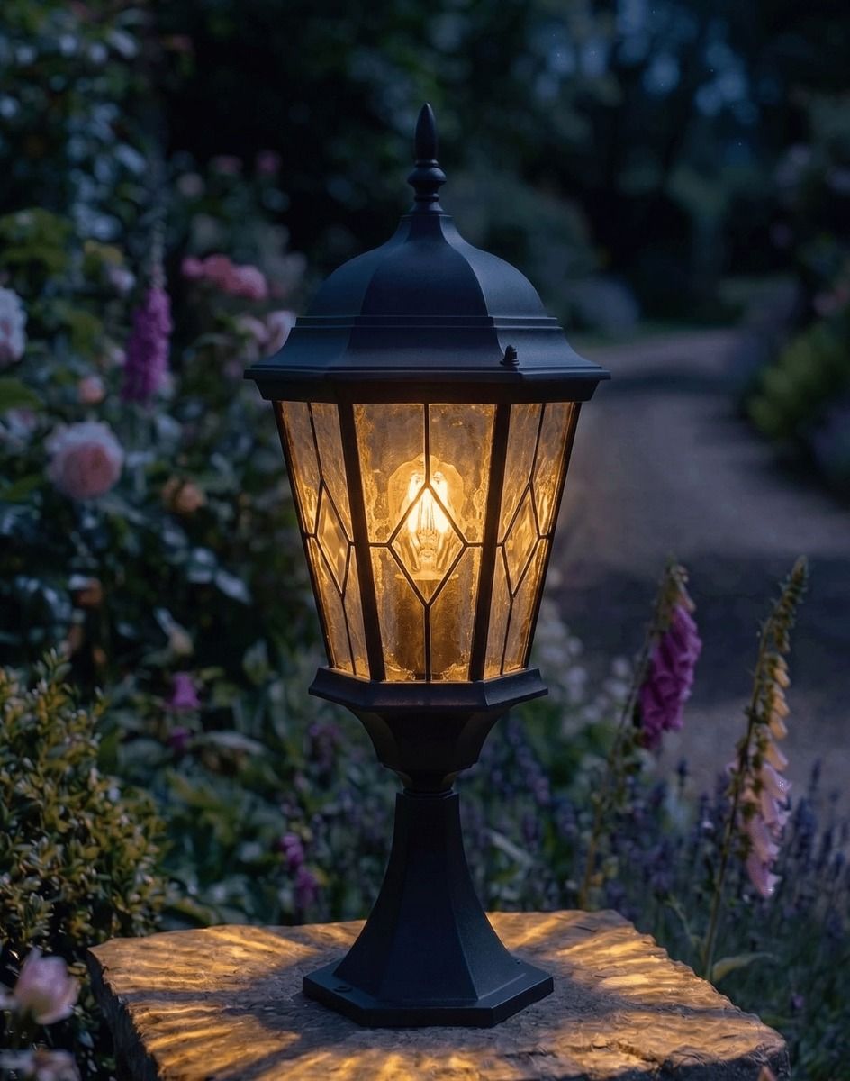 Digital Illustration of the Intricate Frosted Glass Pillar Light Mounted on a Stone Garden Pillar and Lit up at Night