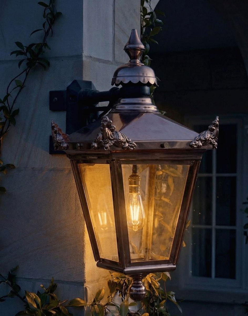 Digital Illustration of the Large 63 x 47.5cm Copper Hanging Corner Wall Lantern Lit up at Night 