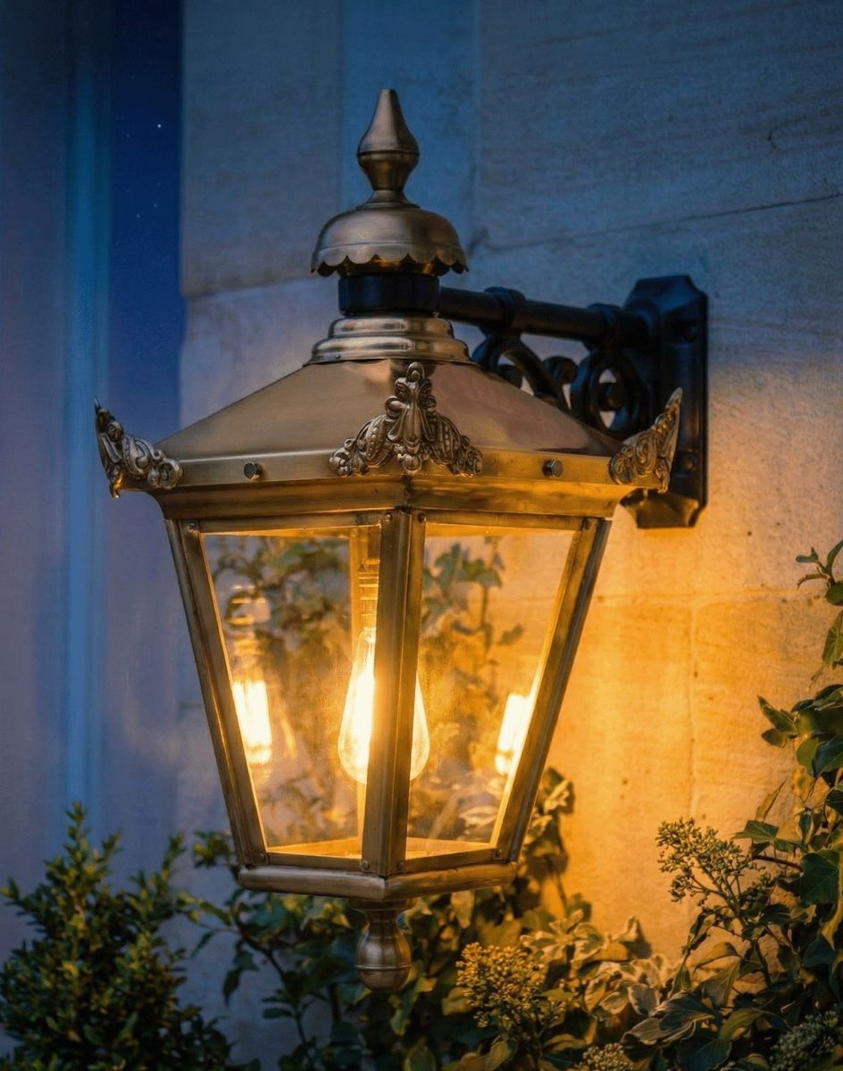 Digital Illustration of the Large 63 x 47.5cm Version of the Antique Brass Hanging Wall Lantern Lit up at Night