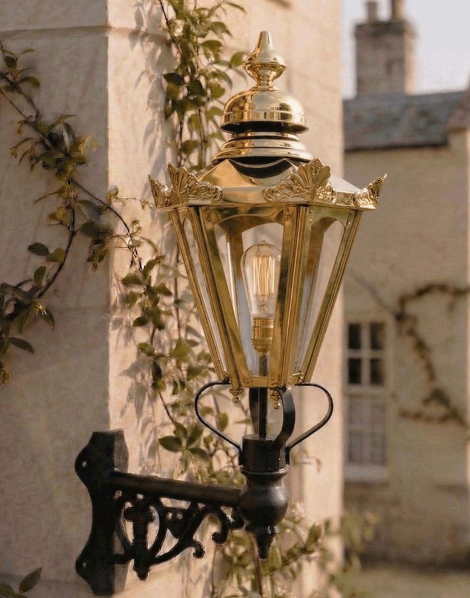 Digital Illustration of the Large Brass Concordia Hexagonal Lantern Witha Corner Bracket Mounted on a Sandstone Brick Building Wall