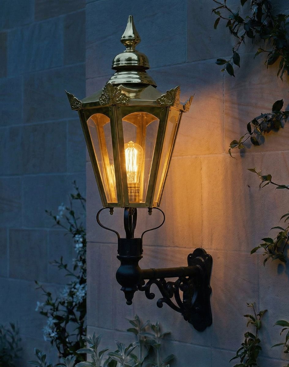 Digital Illustration of the Large Concordia Hexagonal Brass Lantern on a Capella Bracket Lit up at Night