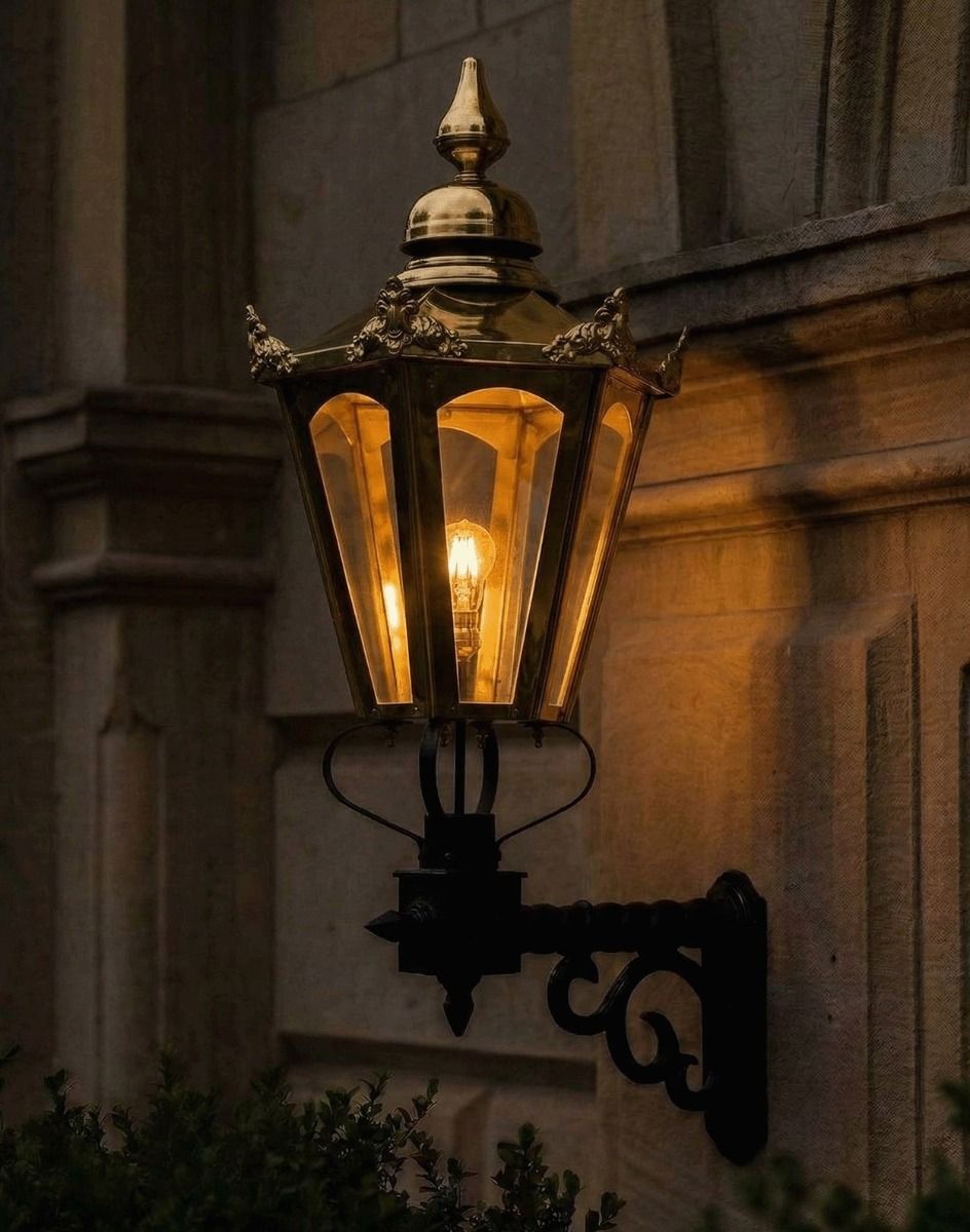 Digital Illustration of the Large Concordia Hexagonal Brass Lantern With Royale Bracket Lit up at Night