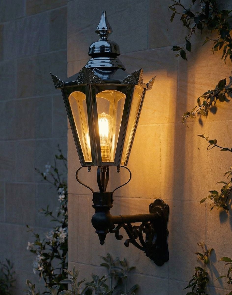 Digital Illustration of the Large Concordia Hexagonal Nickel Lantern on a Capella Bracket Lit up at Night