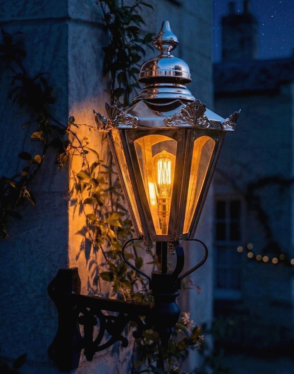 Digital Illustration of the Large Polished Nickel Concordia Hexagonal Lantern On a Corner Bracket Lit up at Night 