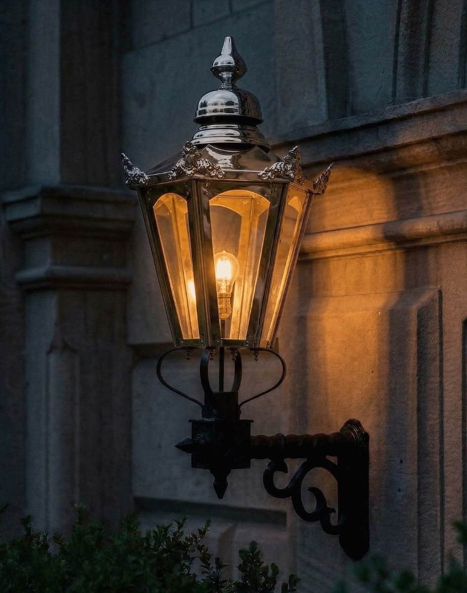 Digital Illustration of the Large Polished Nickel Concordia Hexagonal Lantern On a Royale Bracket Lit up at Night