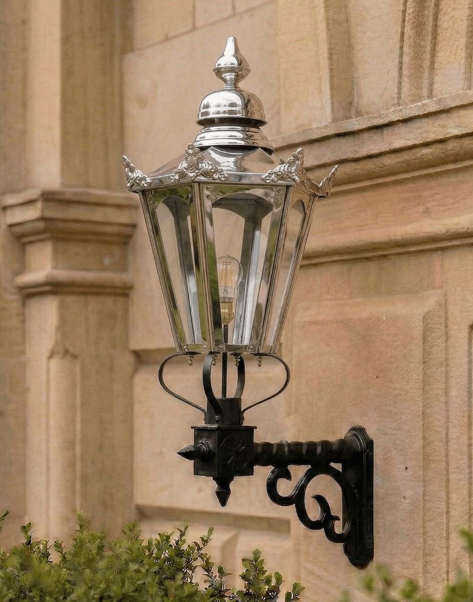Digital Illustration of the Large Polished Nickel Concordia Hexagonal Lantern On a Royale Bracket Mounted on a Grand Entranceway Wall
