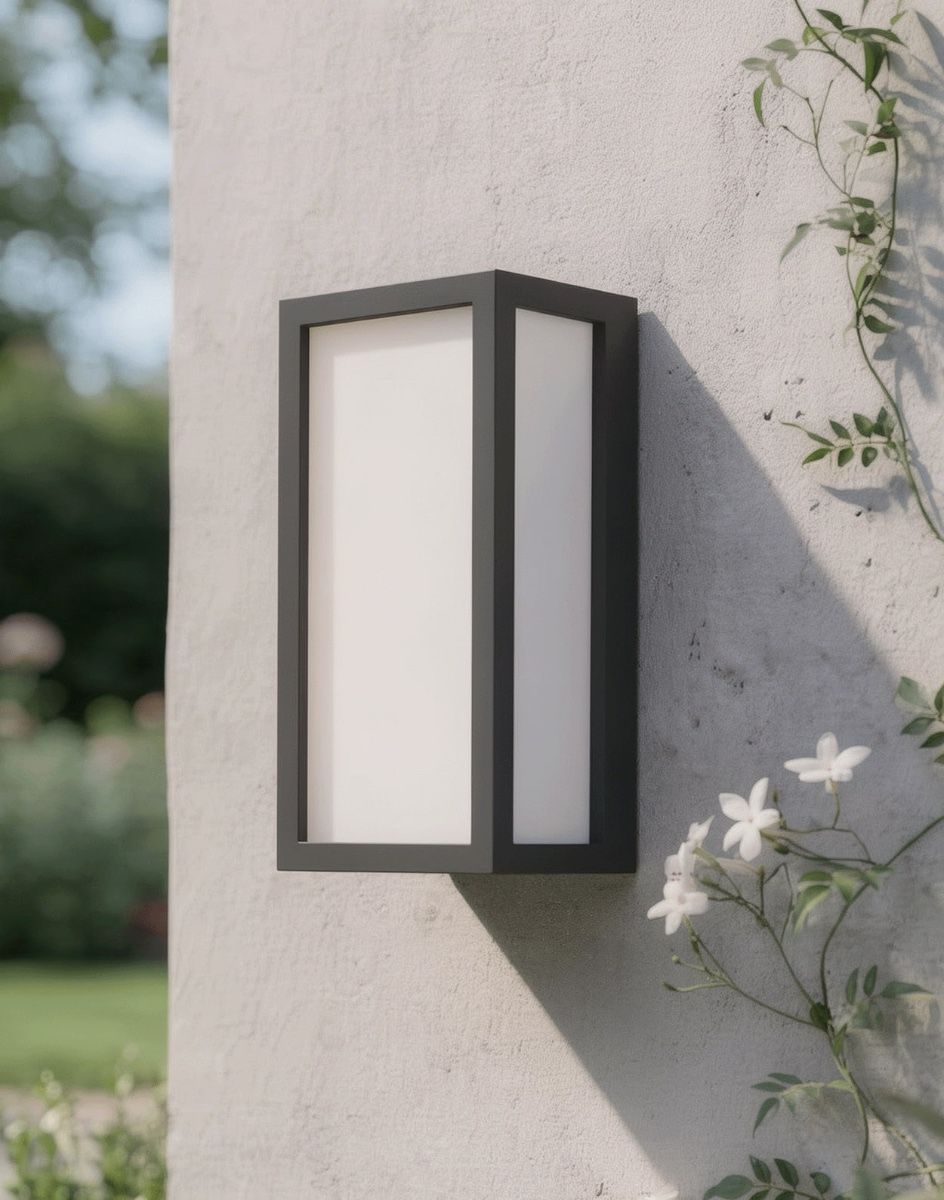 Digital Illustration of the ‘Lumina’ Wall Mounted Box Light Mounted on an Off-White Exterior Garden Wall