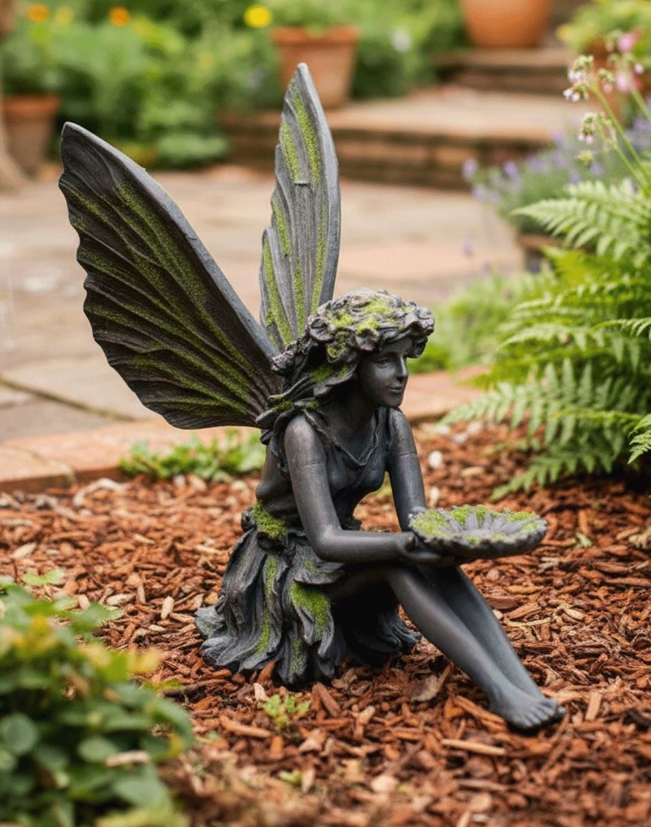 Digital Illustration of the "Lyra" the Generous" Resin Fairy Garden Sculpture Placed on a Woodchip Garden Border