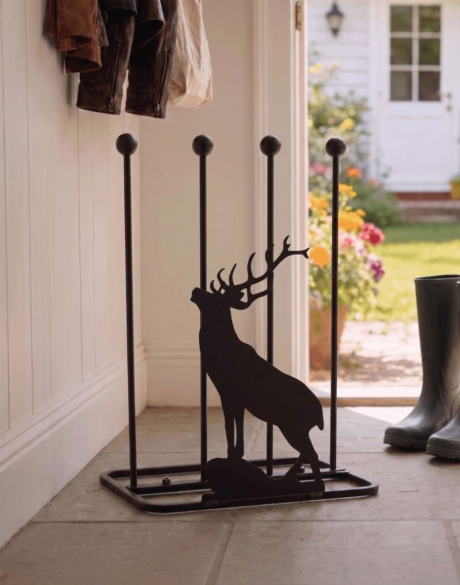 Digital Illustration of the Majestic Stag Double Boot Holder on a Grey Tile Floor Cottage Entrance