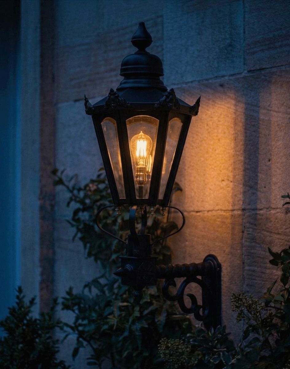 Digital Illustration of the Medium Black Concordia Hexagonal Lantern on a Royale Bracket Lit up at Night