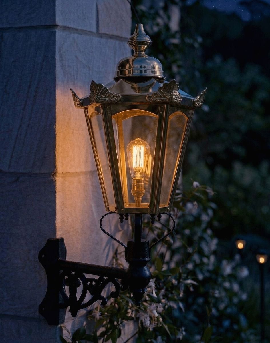 Digital Illustration of the Medium Brass Concordia Hexagonal Lantern With a Corner Bracket Lit up at Night