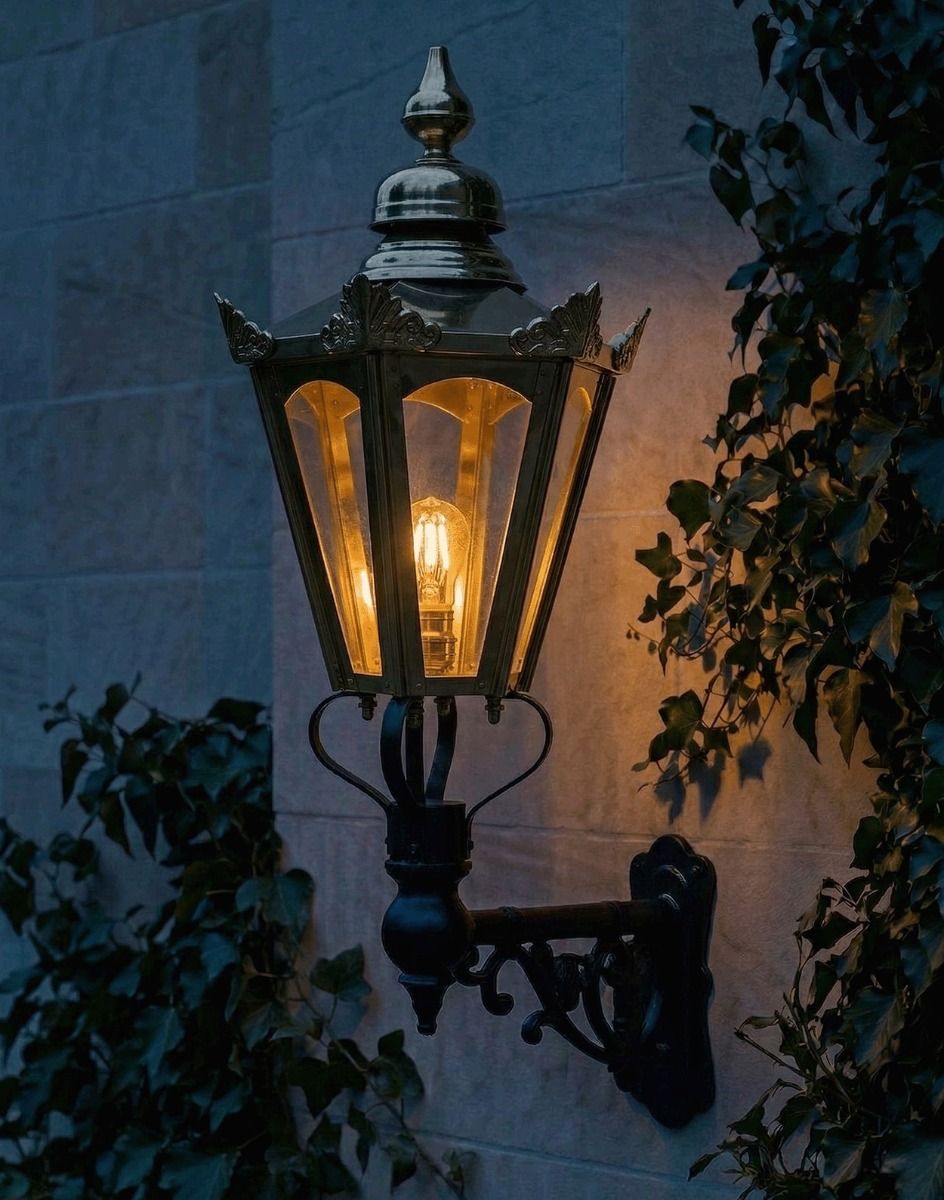 Digital Illustration of the Medium Concordia Hexagonal Brass Lantern On a Capella Bracket Lit up at Night