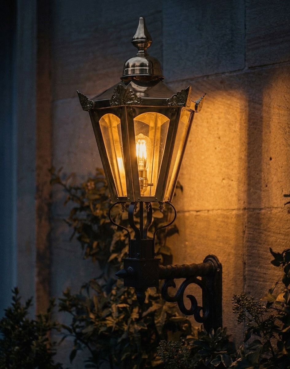 Digital Illustration of the Medium Concordia Hexagonal Brass Lantern With Royale Bracket Lit up at Night