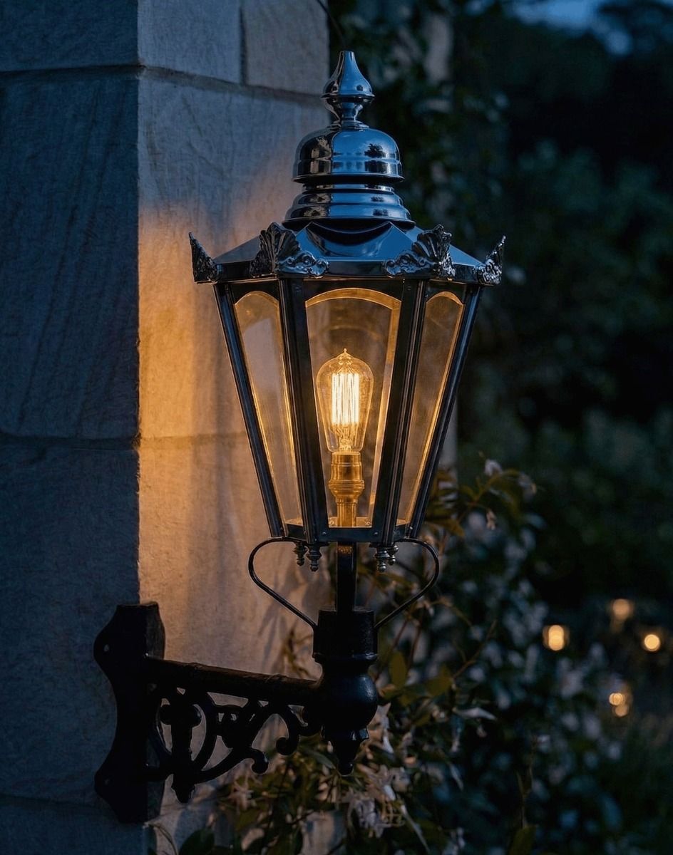 Digital Illustration of the Medium Polished Nickel Concordia Hexagonal Lantern On a Corner Bracket Lit up at Night
