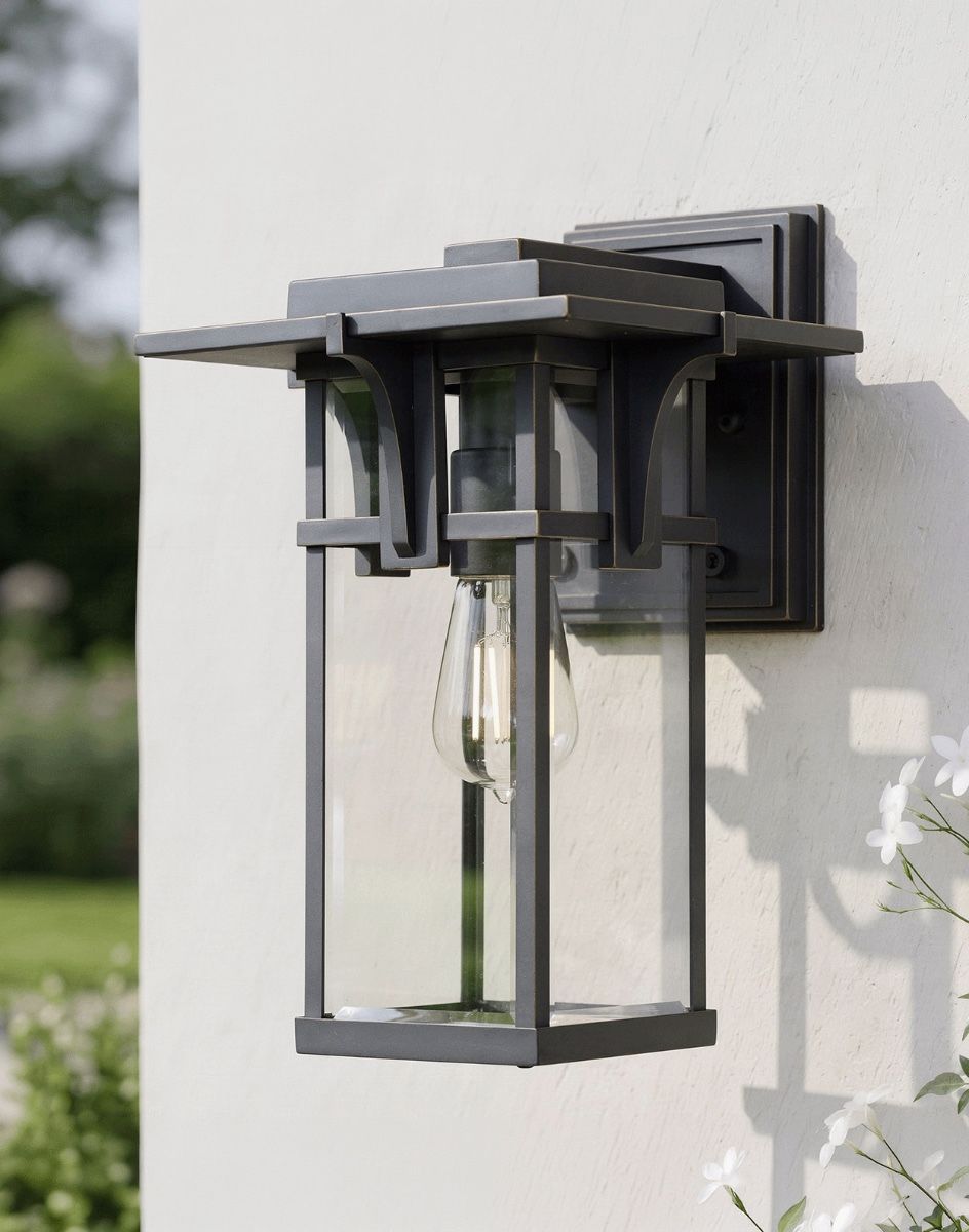 Digital illustration of the Medium Size Art Deco Antique Wall Lantern in Bronze Fixed to a White Walled Building in the Sun