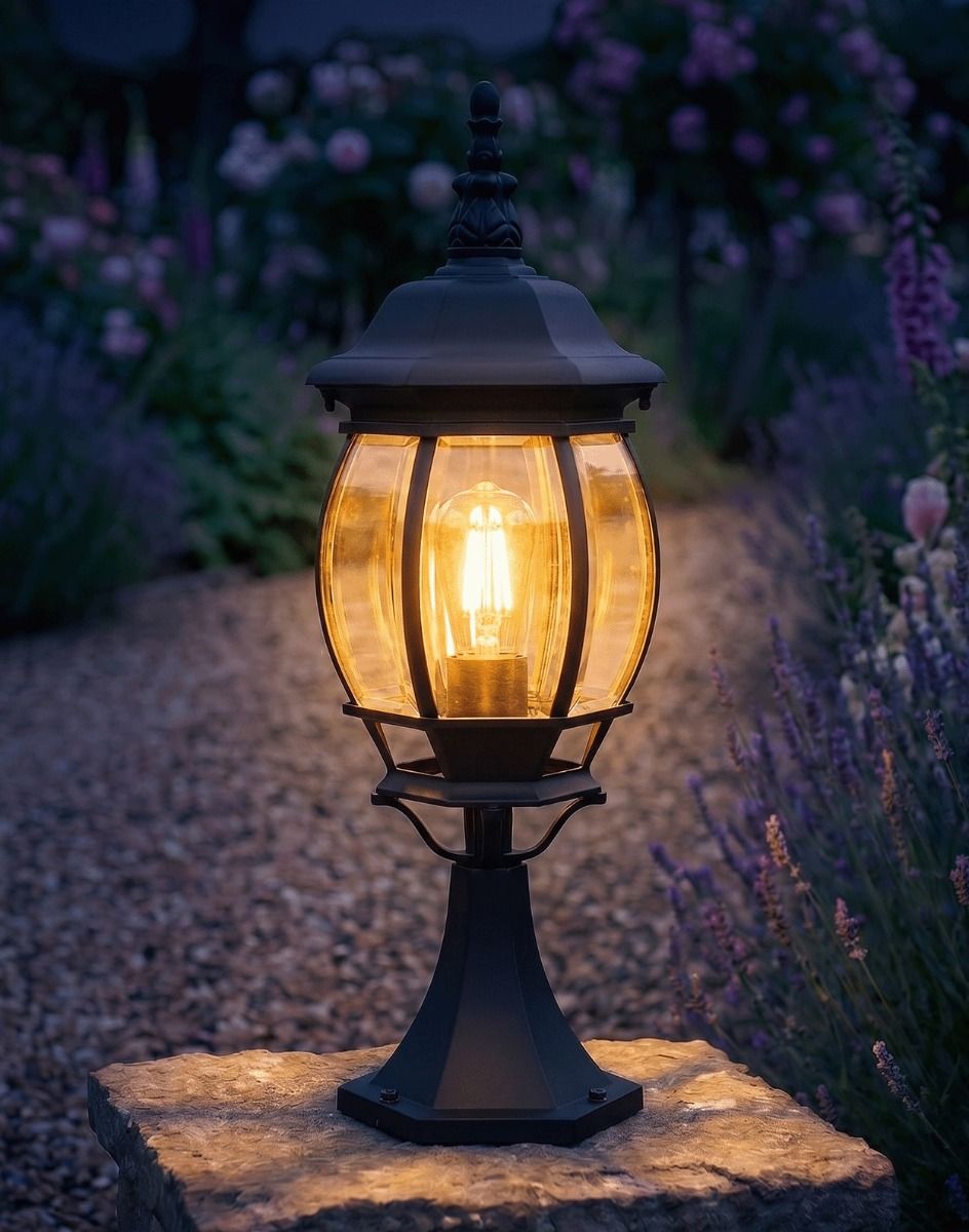 Digital Illustration of the Medium Sized Tourega Pillar Light Mounted on a Stone Garden Pillar in a Lavendar Garden and Lit up at Night
