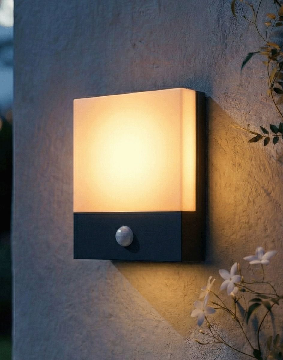 Digital Illustration of the "Melbury" Garden Wall Light with Sensor Lit up at Night