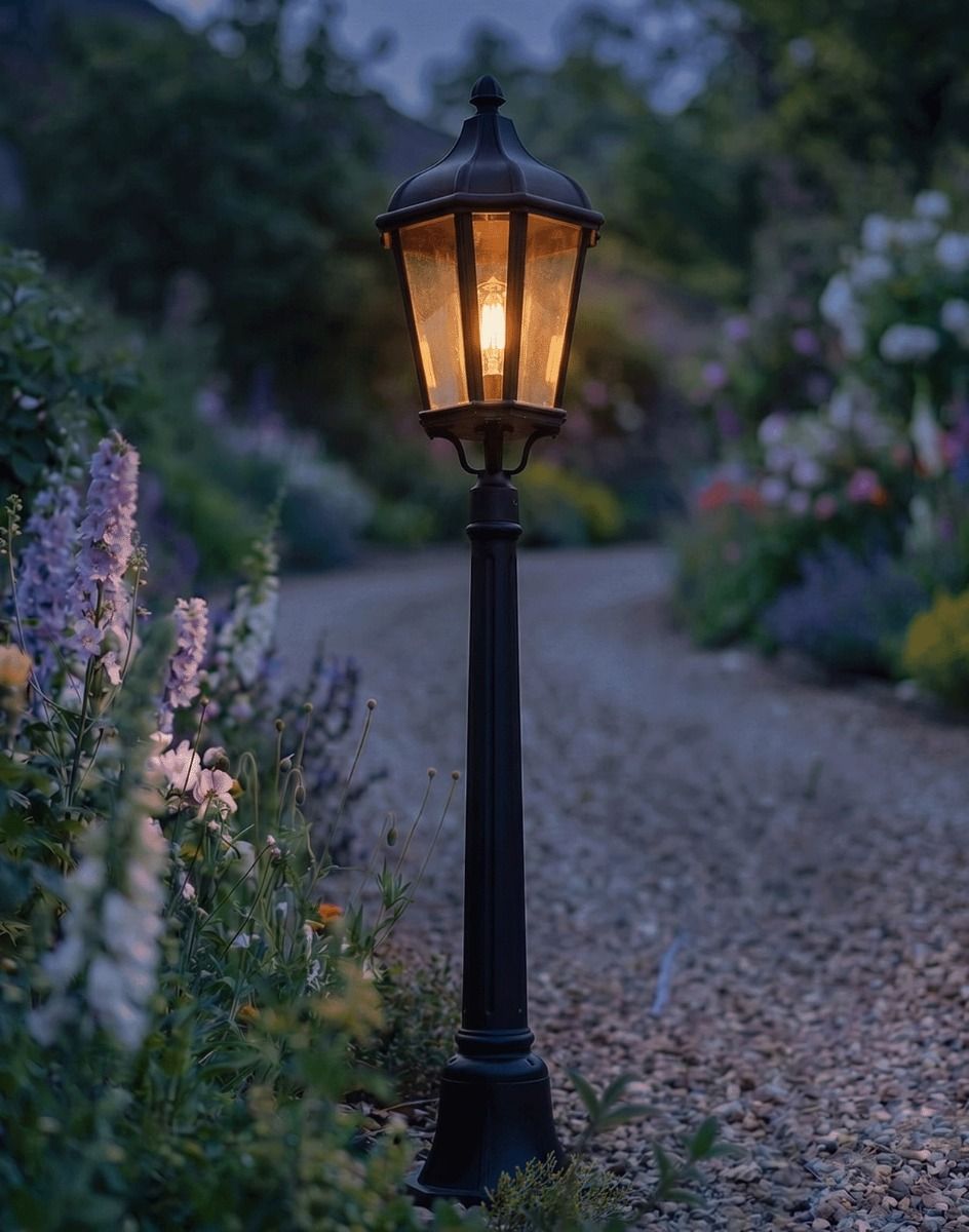 Digital Illustration of the Miniature "The Grange" Hexagonal Pillar Light Positioned on a Gravel Driveway Entrance Whilst Lit up at Night