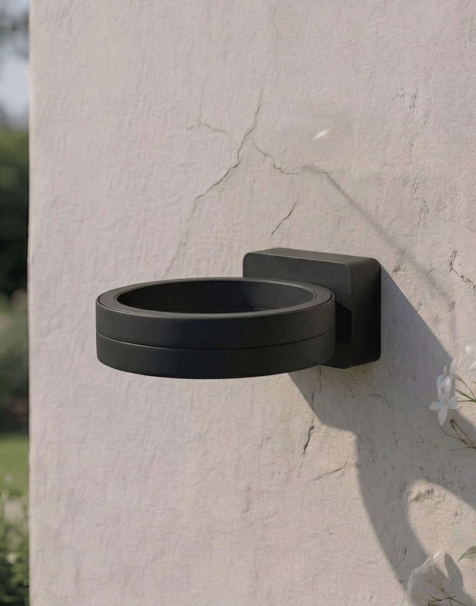 Digital Illustration of the Modern Black LED Ring Wall Light Mounted on a White Coloured Exterior Wall