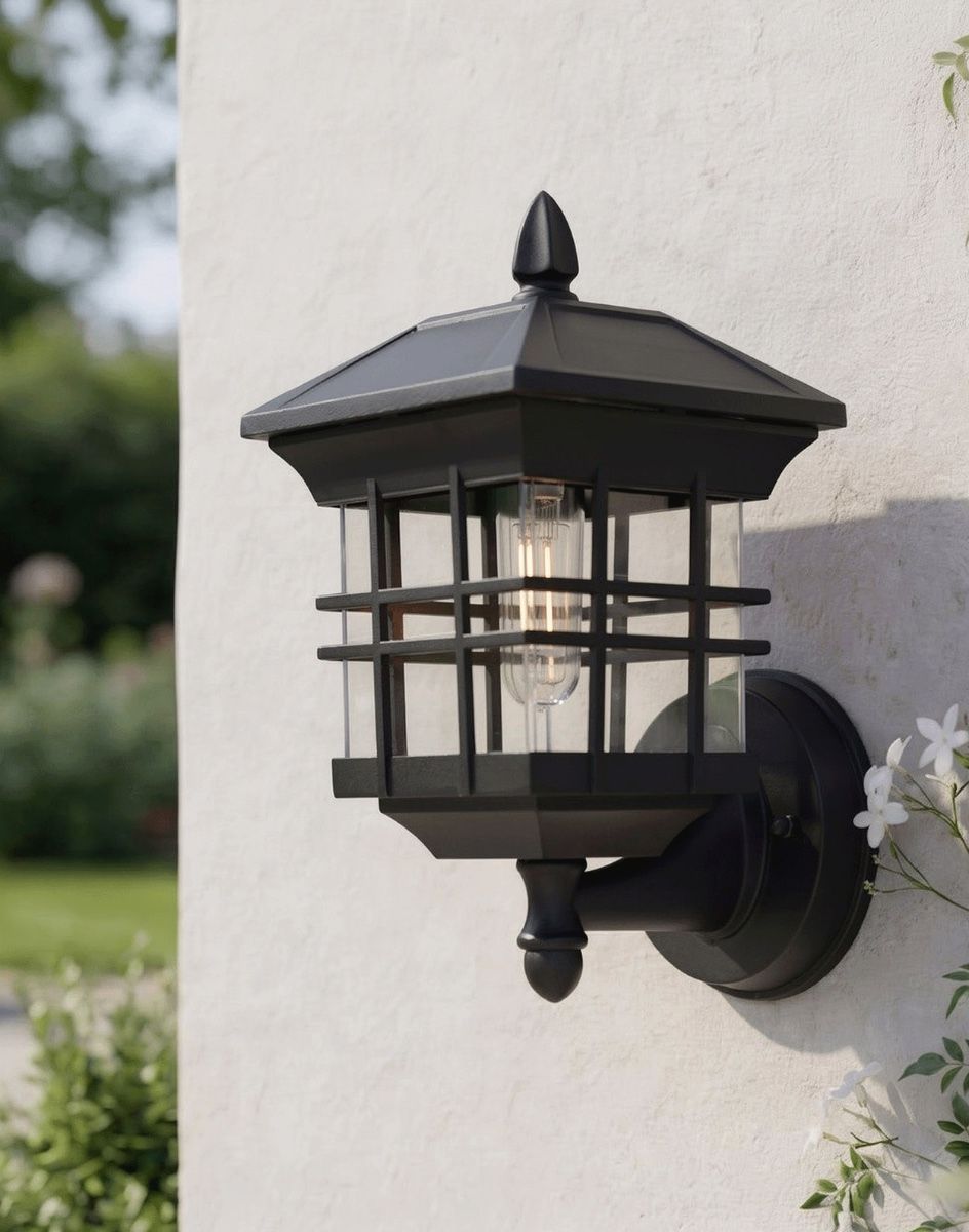 Digital Illustration of the Modern Caged Cube Wall Light Mounted on a Garden wall