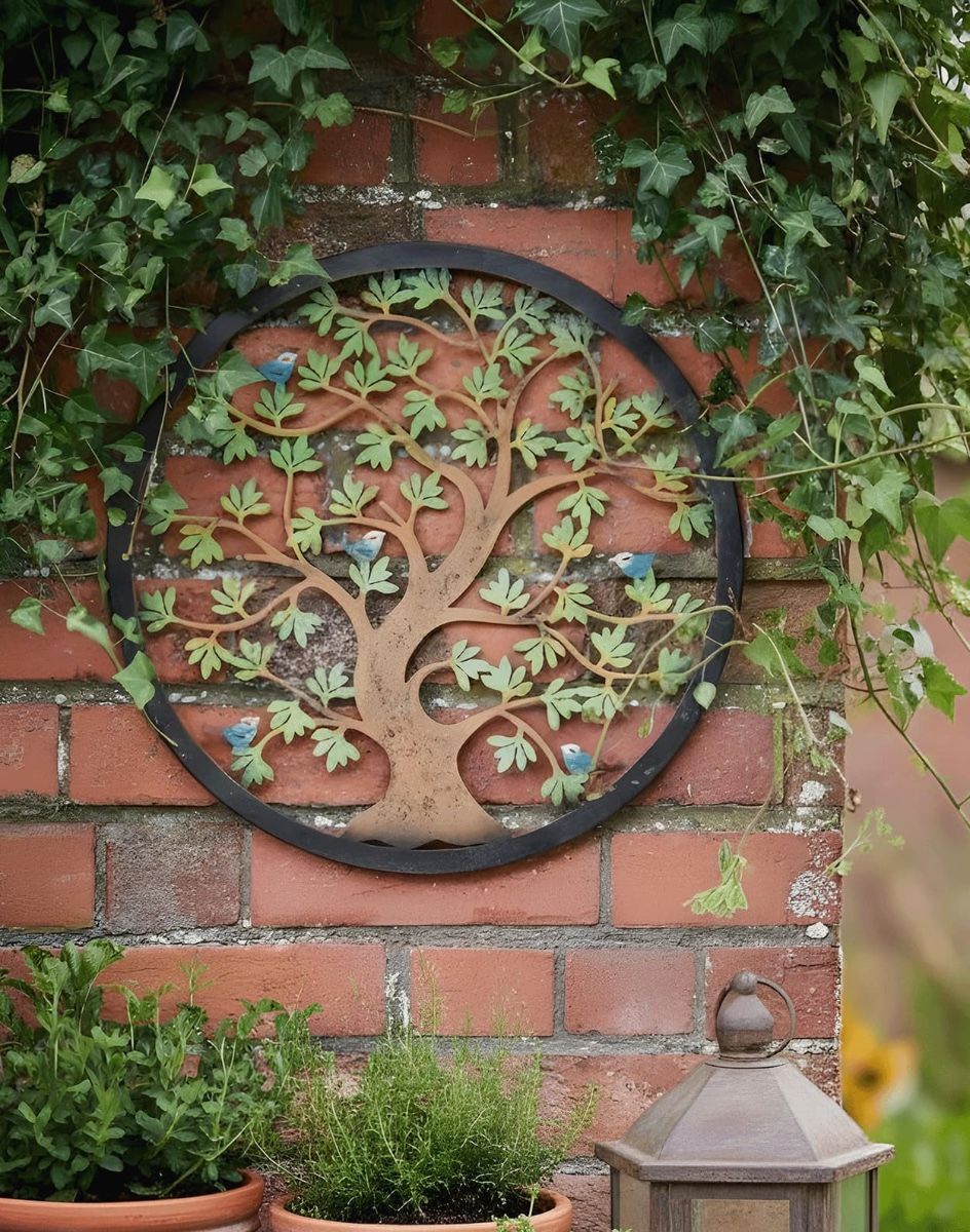 Digital Illustration of the Multi-Coloured Circular "Tree of Life" Garden Wall Art Mounted on an Ivy Covered Wall