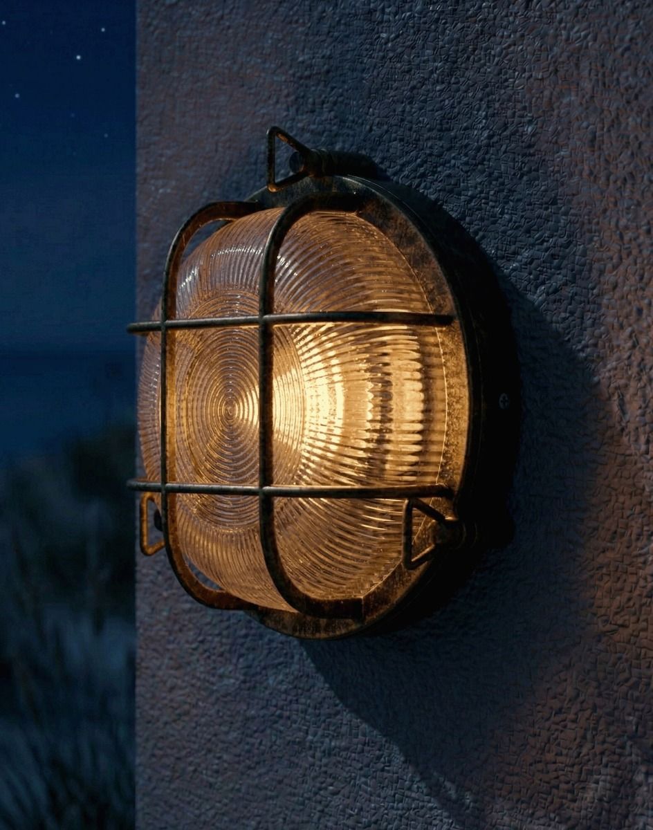 Digital Illustration of the Nautical Round "Cosby" Bulkhead Wall Light in an Antique Brass Finish Lit up at Night