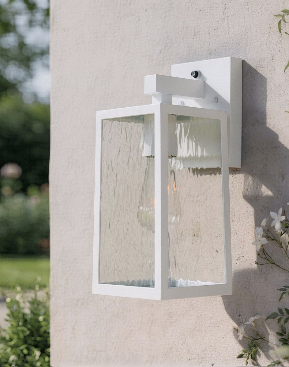 Digital Illustration of the Oakley White Top Fix Wall Light Mounted on the Outside Wall of a White House