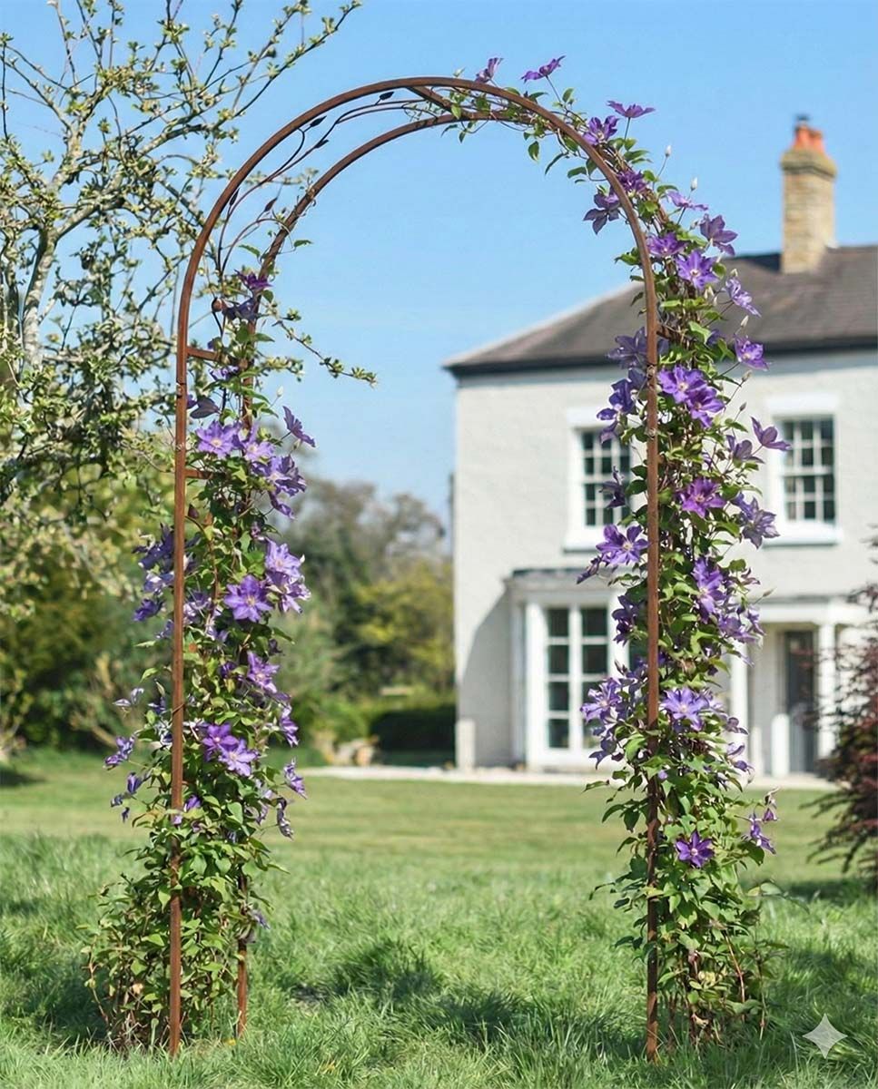 Digital Illustration of the Ornate Floral "Corolla" Rustic Rose Arch with Flowers.