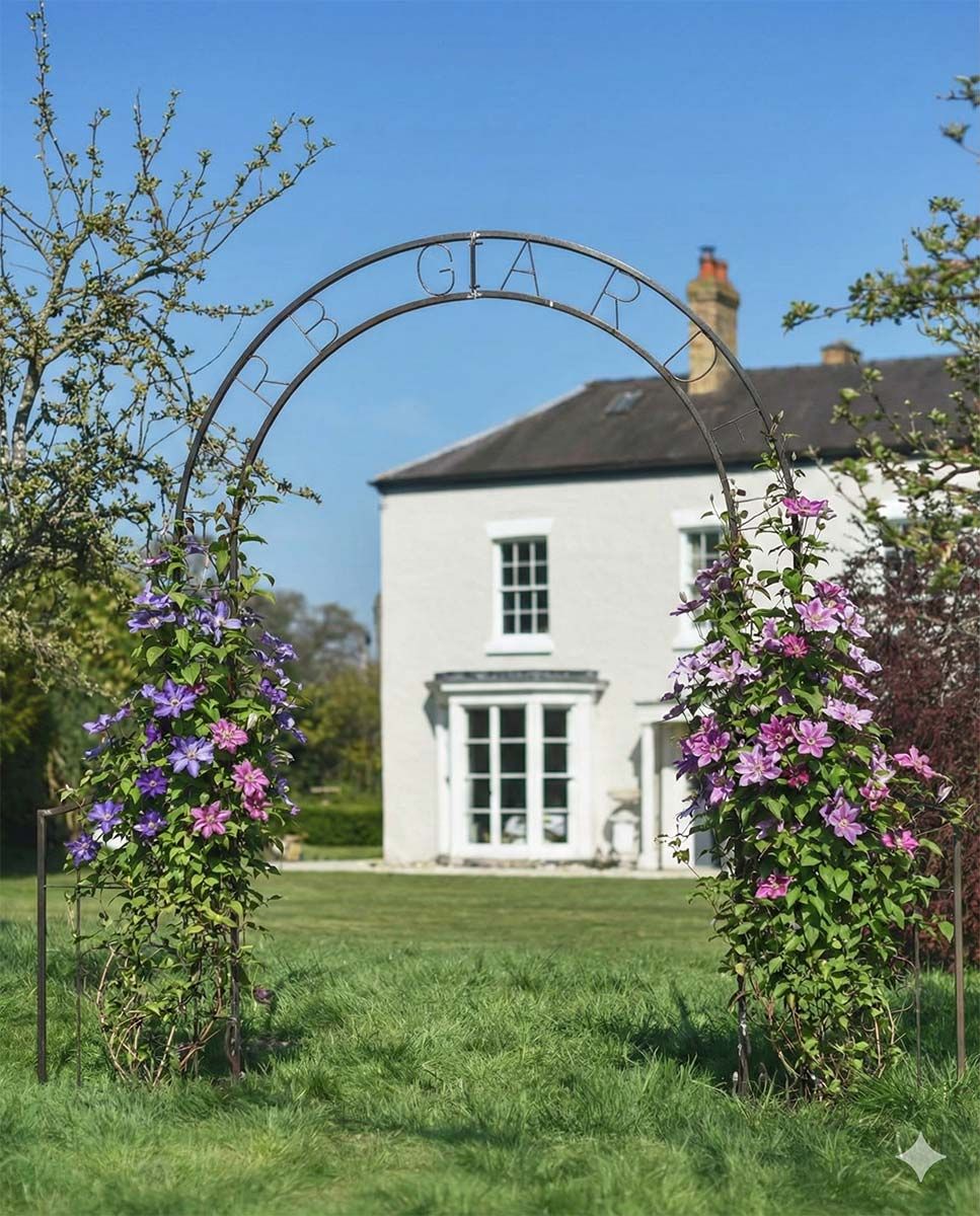 Digital Illustration of the Ornate "Herb Garden" Natural Lacquer Rose Arch with Flowers