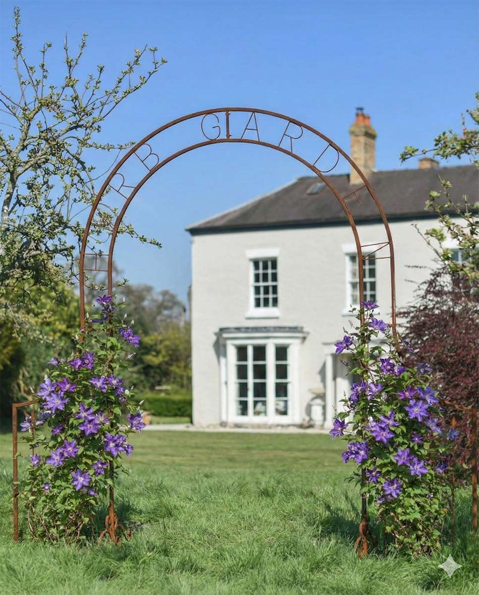 Digital Illustration of the Ornate "Herb Garden" Rustic Rose Arch with Flowers