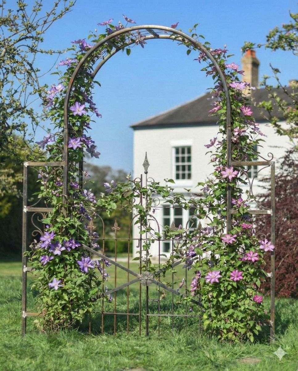 Digital Illustration of the Ornate Rustic "Aesica" Garden Rose Arch With Gate Full of Flowers