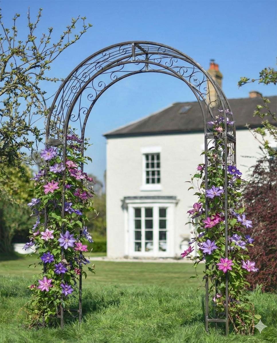 Digital Illustration of the Ornate Scroll "Tenbury" Natural Lacquer Rose Arch with Flowers